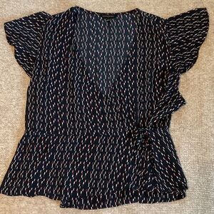 Banana Republic Navy and White Patterned Wrap Blouse